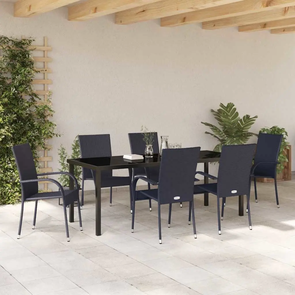 7 Piece Outdoor Dining Set Rectangular Table Rattan Black Steel Frame