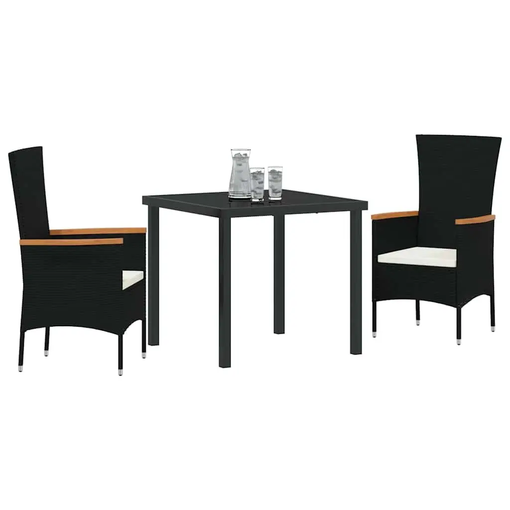 Garden Dining Set 3 Pieces Outdoor Furniture Rectangular Black Steel Frame Glass Table