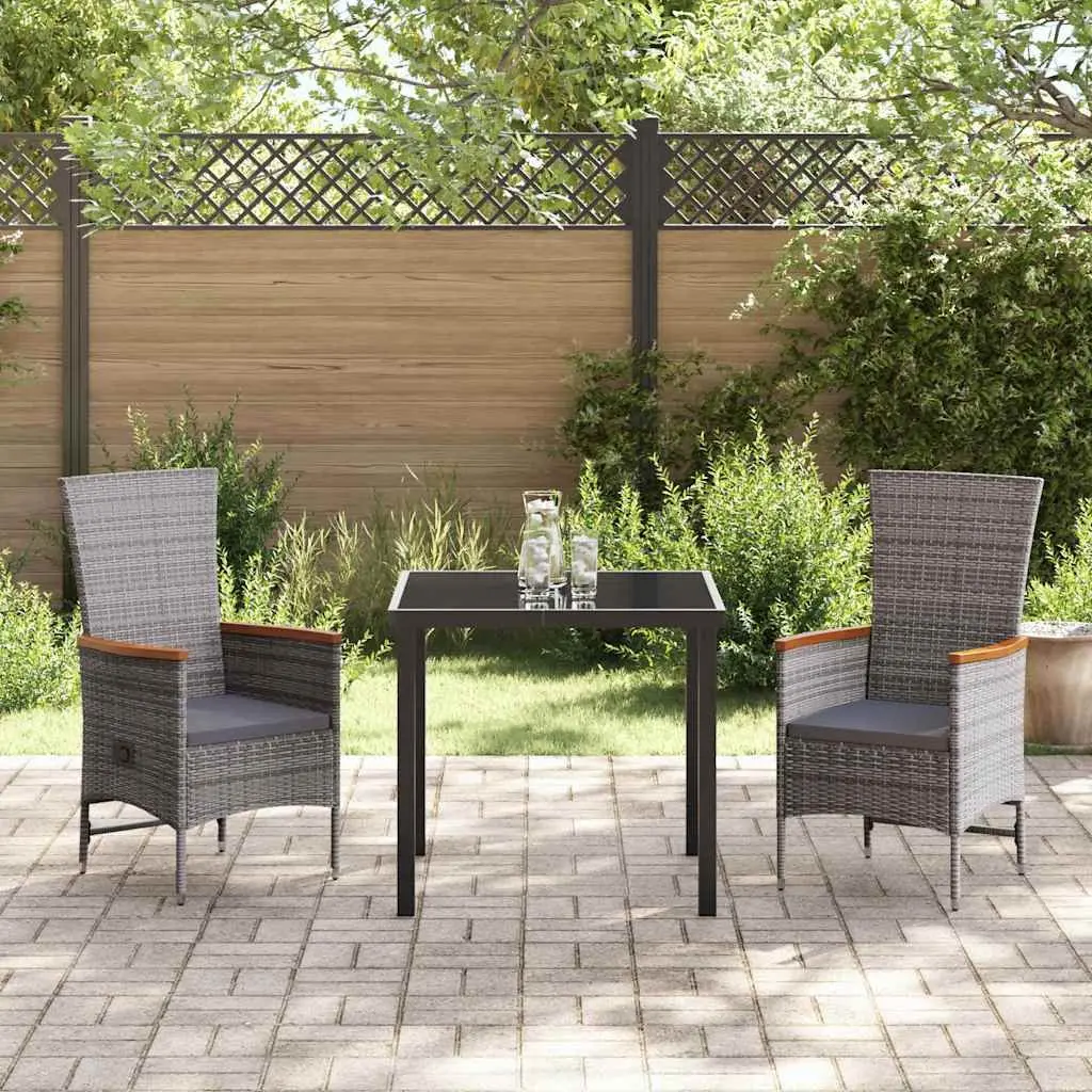 Garden Dining Set 3 Pieces Outdoor Furniture Grey Powder-Coated Steel Tempered Glass