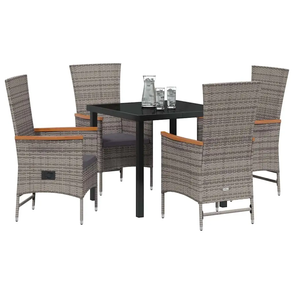 Garden Dining Set 5 Piece Outdoor Furniture Steel Frame Tempered Glass Top Poly Rattan Chairs Grey