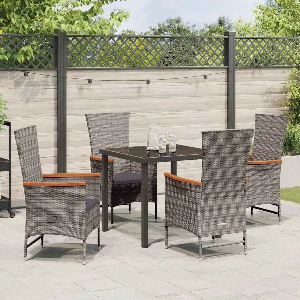 Garden Dining Set 5 Piece Outdoor Furniture Steel Frame Tempered Glass Top Poly Rattan Chairs Grey