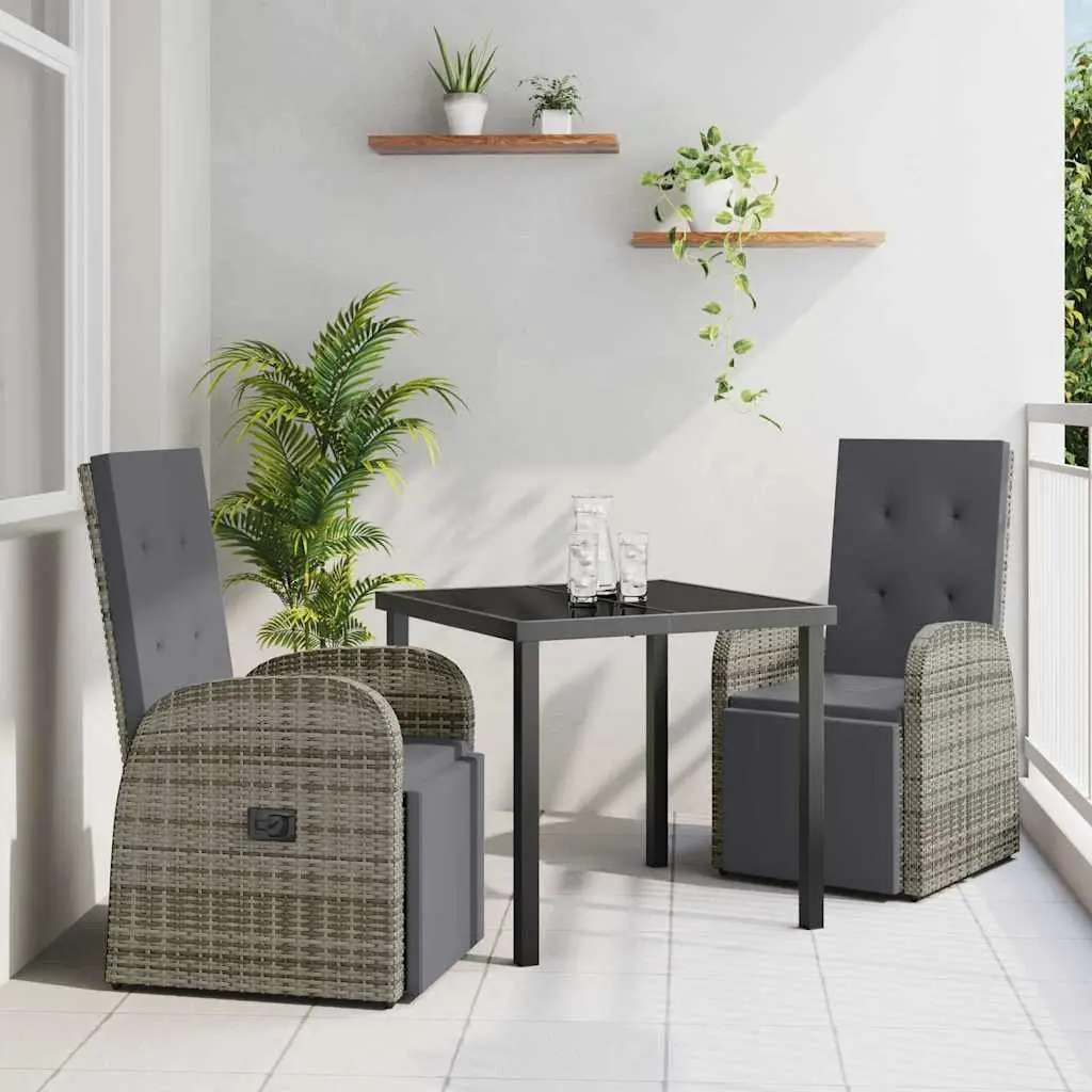 3 Piece Grey Poly Rattan Patio Dining Set Modern Outdoor Furniture for Terrace and Backyard