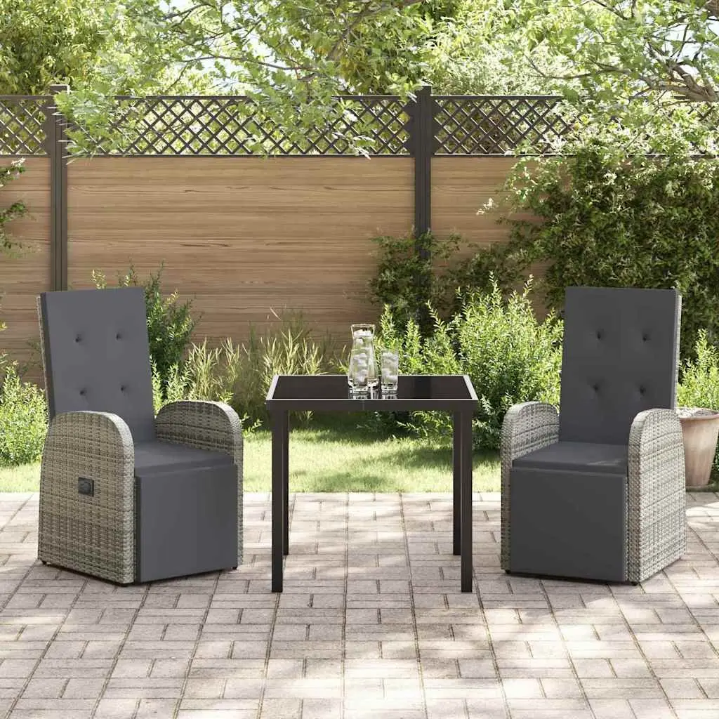 3 Piece Grey Poly Rattan Patio Dining Set Modern Outdoor Furniture for Terrace and Backyard