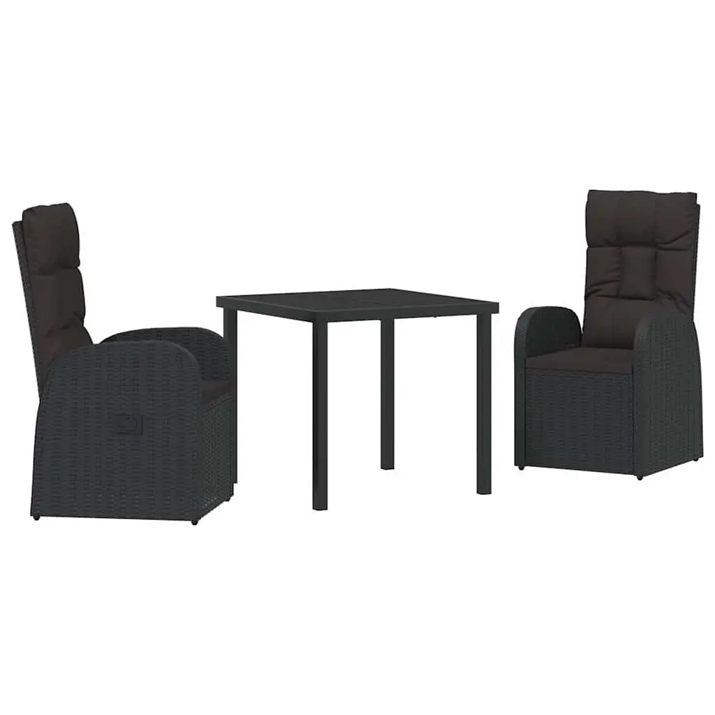 Outdoor Dining Set 3 Piece Black Rattan Garden Furniture with Tempered Glass