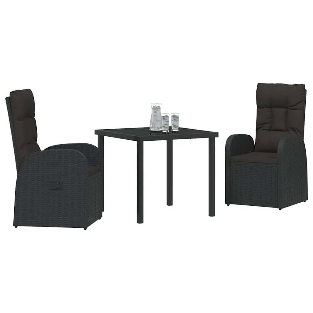 Outdoor Dining Set 3 Piece Black Rattan Garden Furniture with Tempered Glass