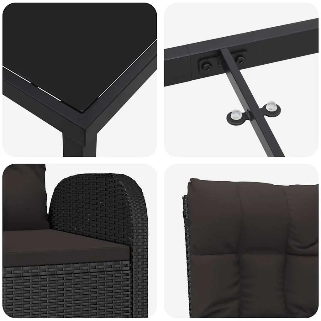 Outdoor Dining Set 3 Piece Black Rattan Garden Furniture with Tempered Glass