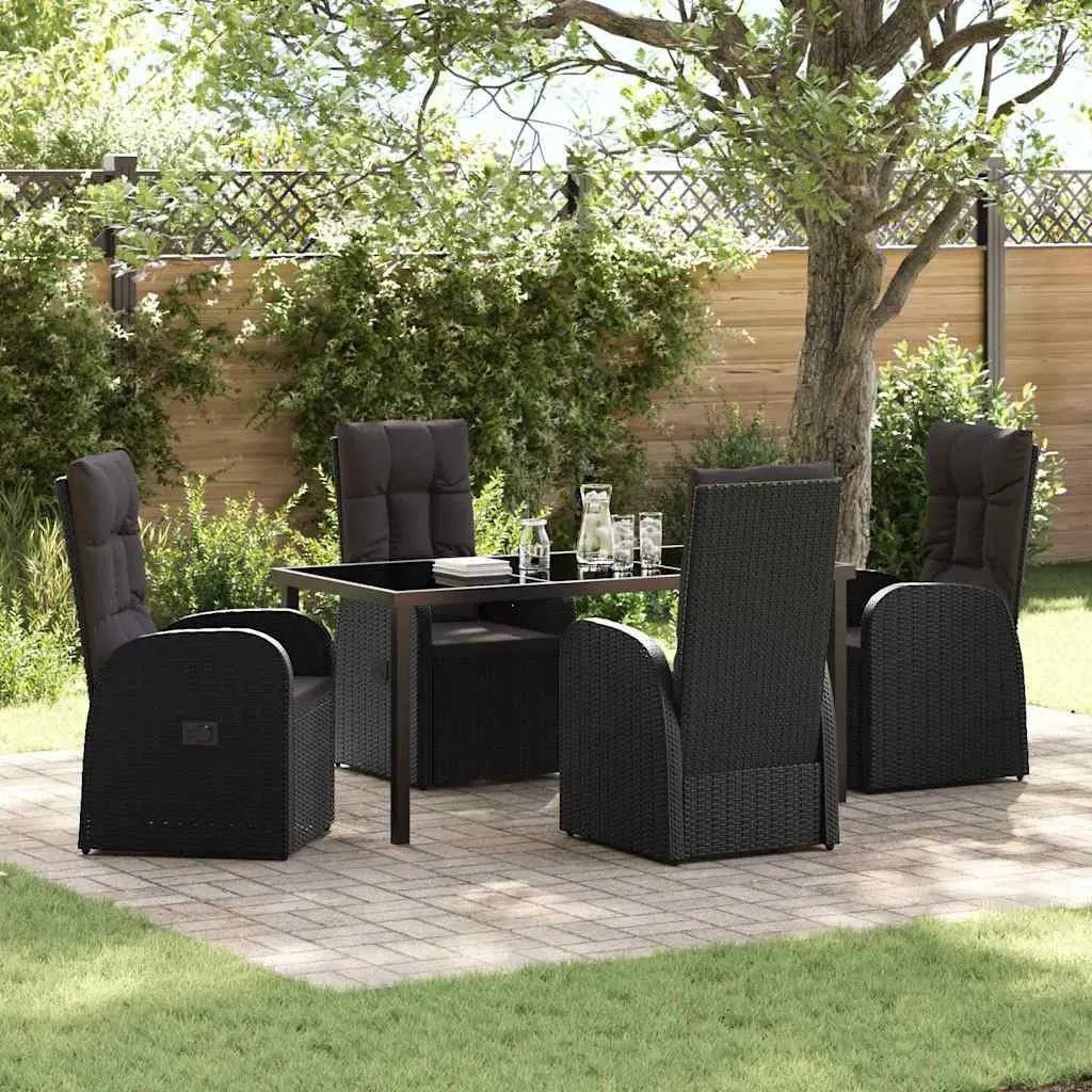Outdoor Dining Set 5 Pieces Black Poly Rattan Garden Furniture with Tempered Glass Tabletop