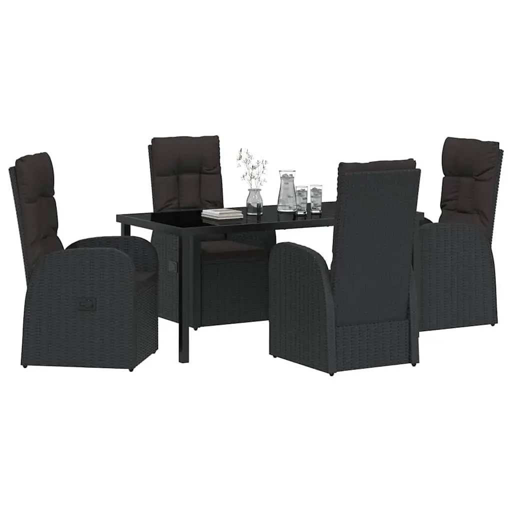 Outdoor Dining Set 5 Pieces Black Poly Rattan Garden Furniture with Tempered Glass Tabletop