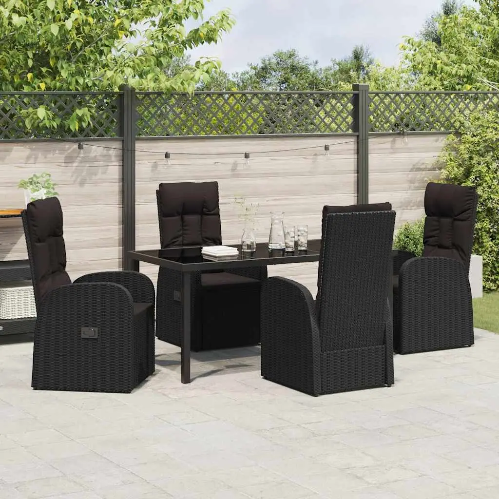 Outdoor Dining Set 5 Pieces Black Poly Rattan Garden Furniture with Tempered Glass Tabletop