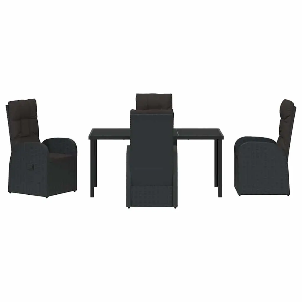 Outdoor Dining Set 5 Pieces Black Poly Rattan Garden Furniture with Tempered Glass Tabletop