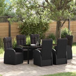 7 Piece Garden Dining Set Black Poly Rattan Outdoor Furniture with Tempered