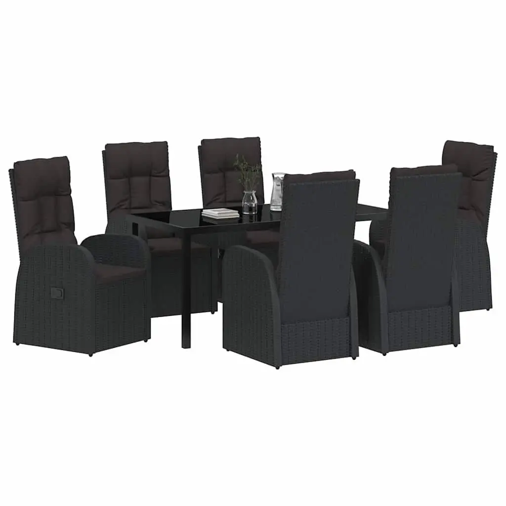7 Piece Garden Dining Set Outdoor Furniture Black Poly Rattan with Tempered Glass Table