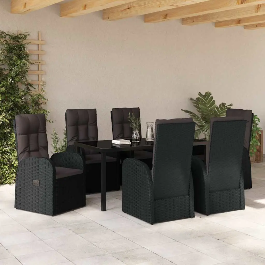 7 Piece Garden Dining Set Outdoor Furniture Black Poly Rattan with Tempered Glass Table