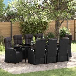 Outdoor Dining Set 9 Piece Black Poly Rattan Garden Furniture with Tempered