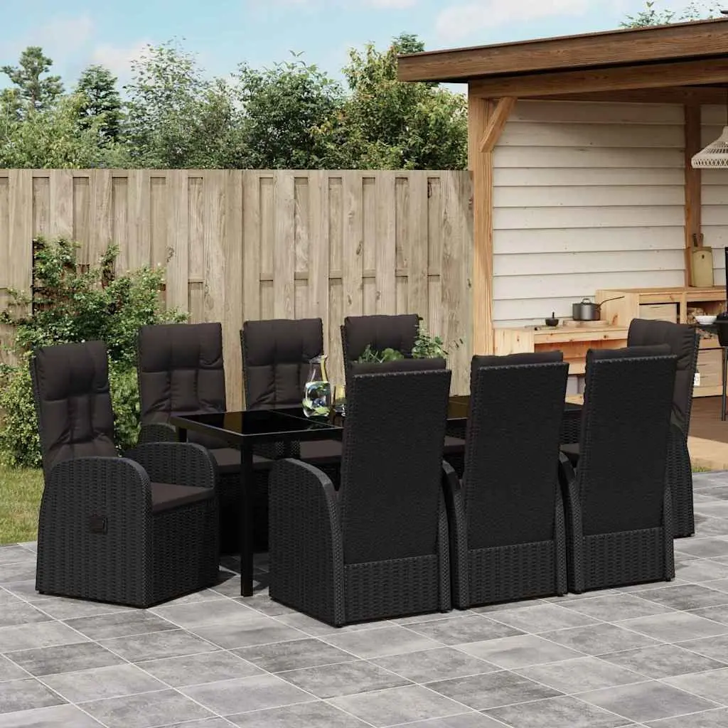 Outdoor Dining Set 9 Piece Black Poly Rattan Garden Furniture with Tempered