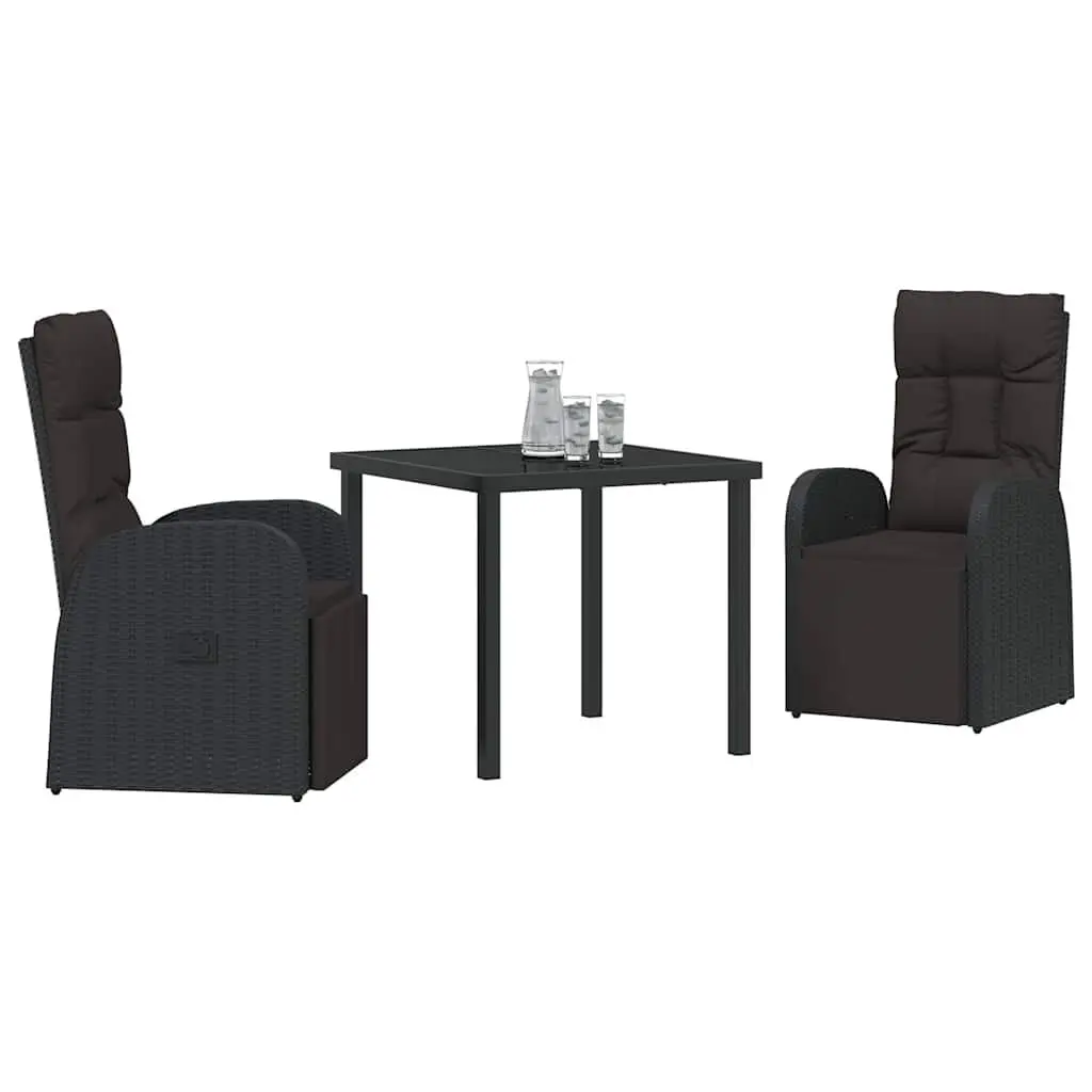 Outdoor Dining Set 3 Piece Black Poly Rattan Chairs Table with Cushion