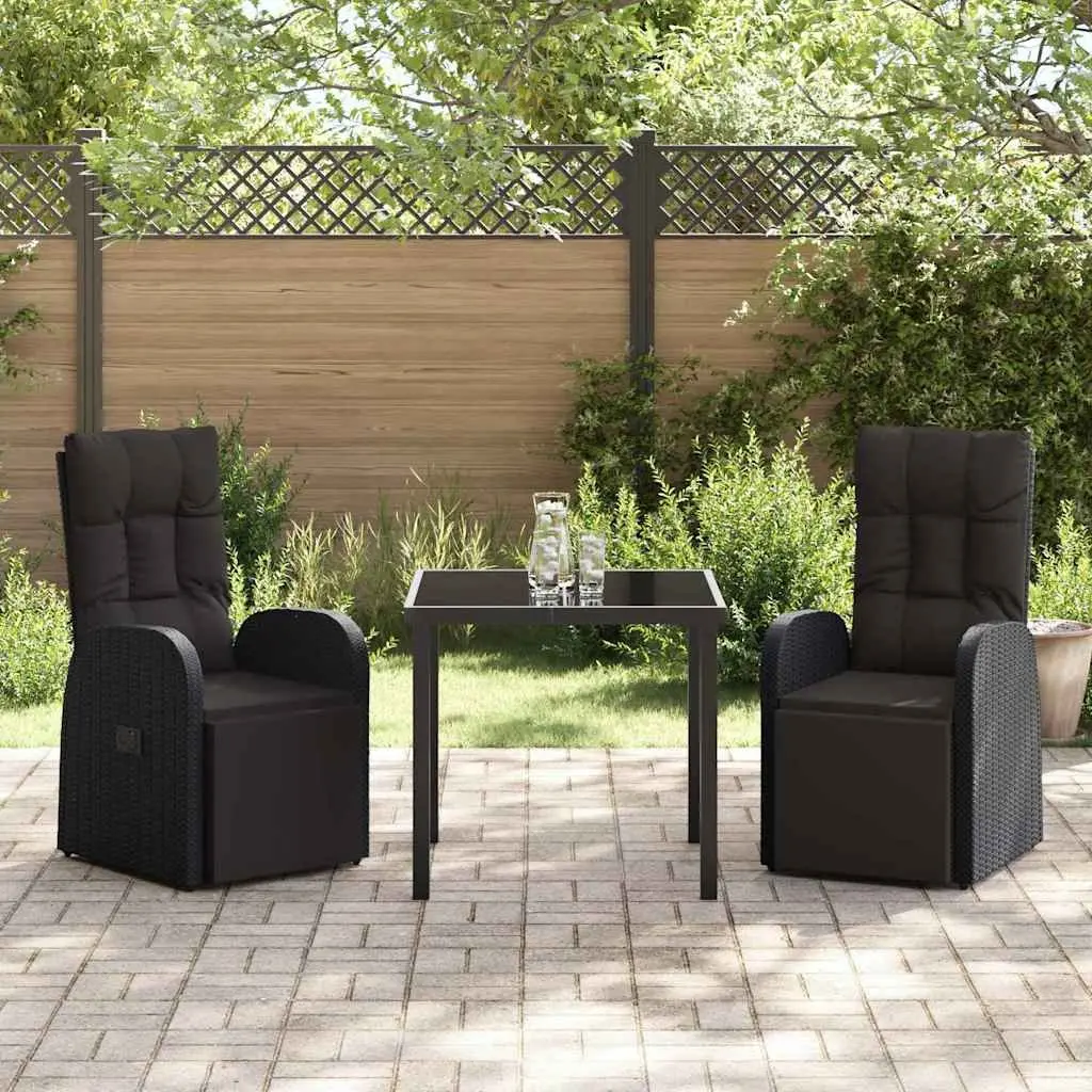 Outdoor Dining Set 3 Piece Black Poly Rattan Chairs Table with Cushion