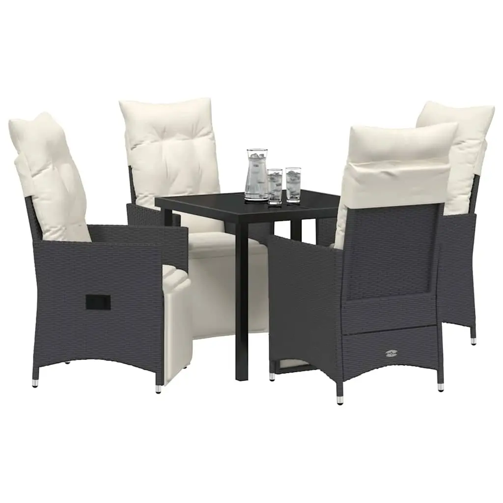 5 Piece Patio Dining Set Black Poly Rattan Garden Furniture with Cushions and Tempered Glass Tabletop