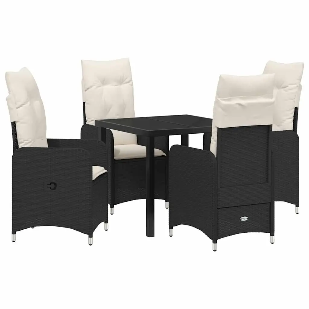 Outdoor Dining Set 5 Piece Patio Furniture Black Poly Rattan Chairs Table with Tempered Glass Top