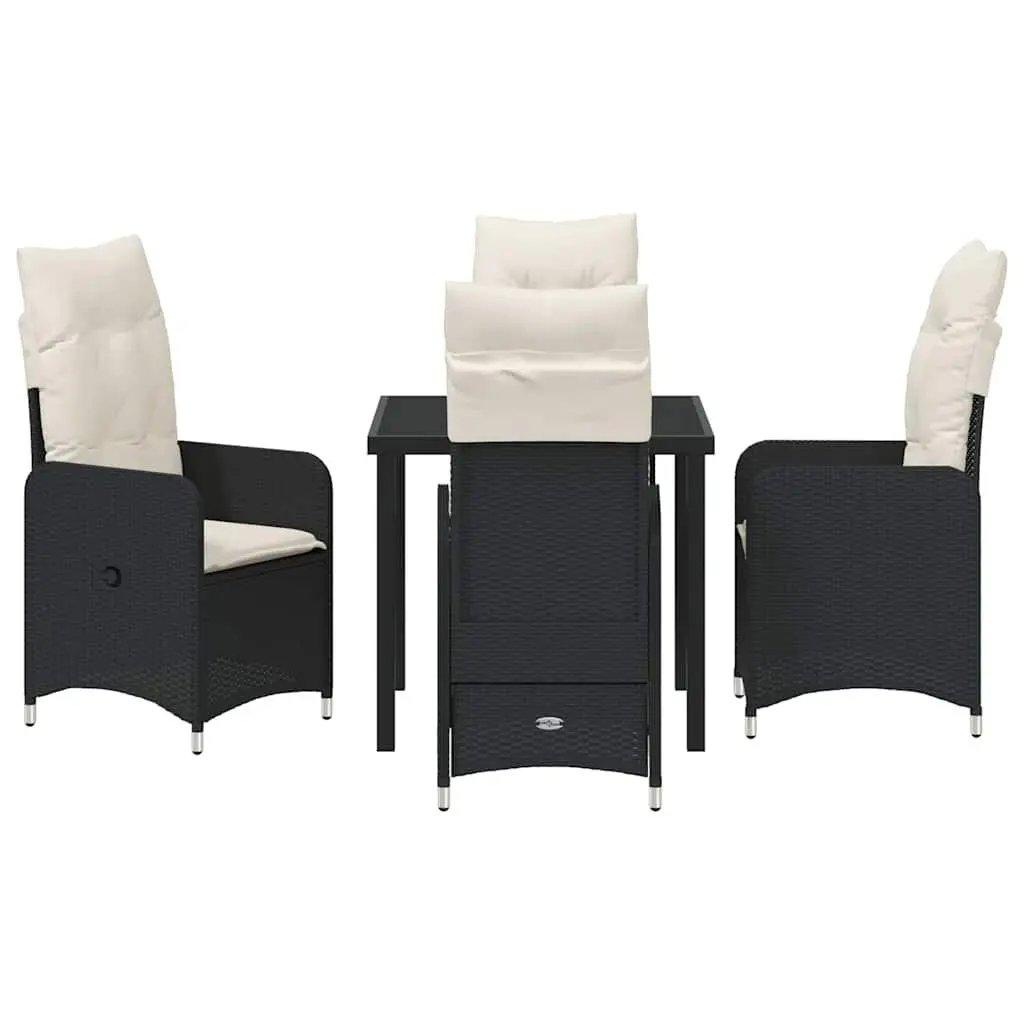 Outdoor Dining Set 5 Piece Patio Furniture Black Poly Rattan Chairs Table with Tempered Glass Top