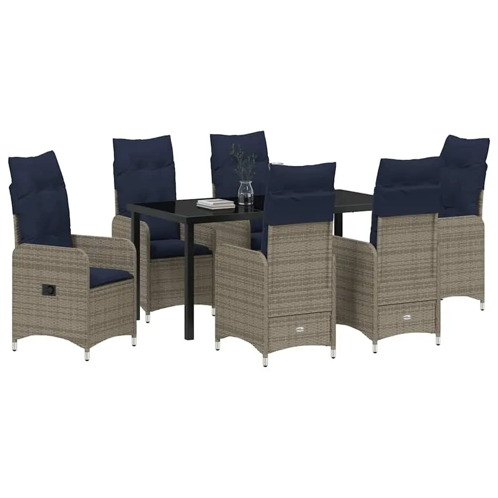 Outdoor Dining Set 7 Piece Cushioned Chairs Tempered Glass Table Black Poly Rattan