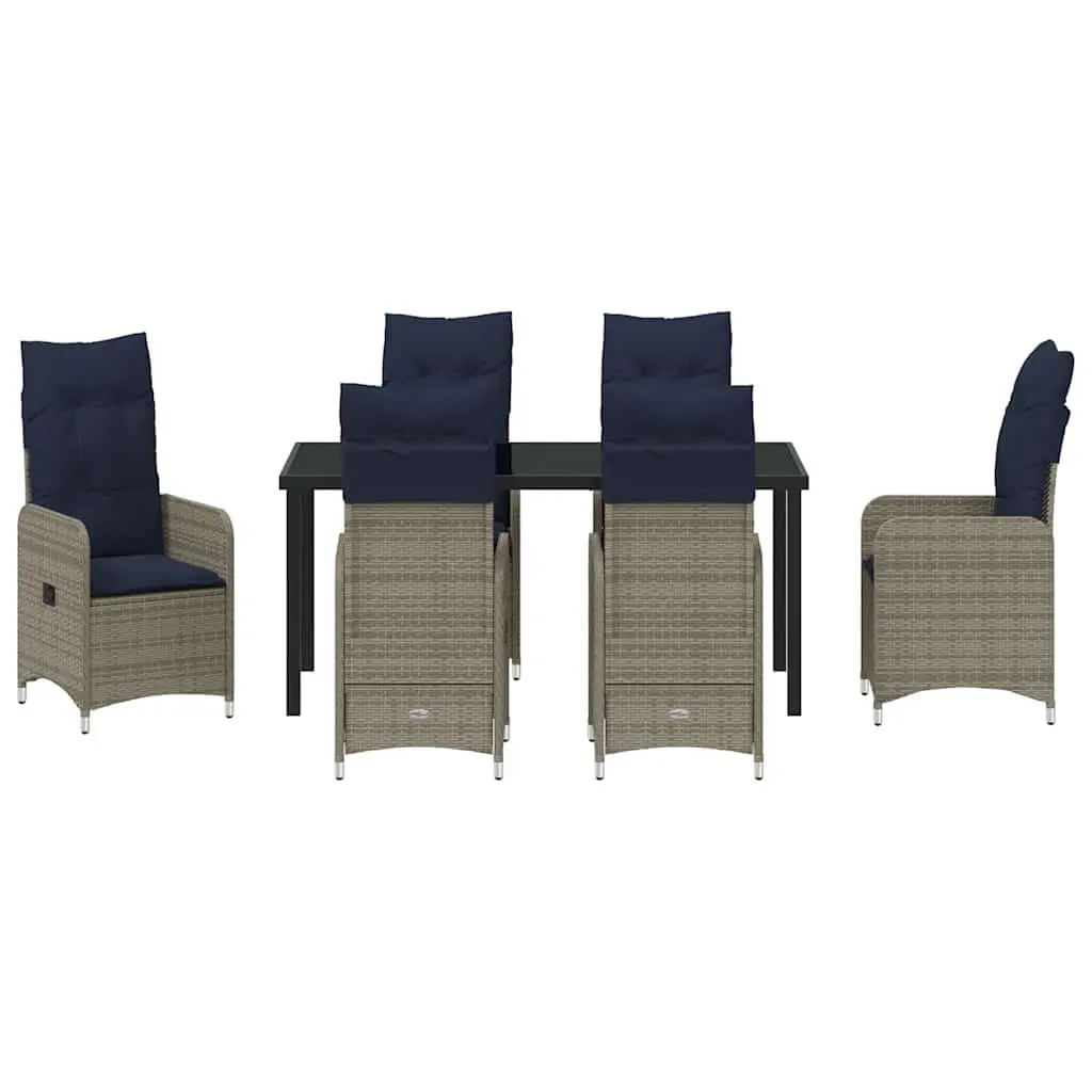 Outdoor Dining Set 7 Piece Cushioned Chairs Tempered Glass Table Black Poly Rattan