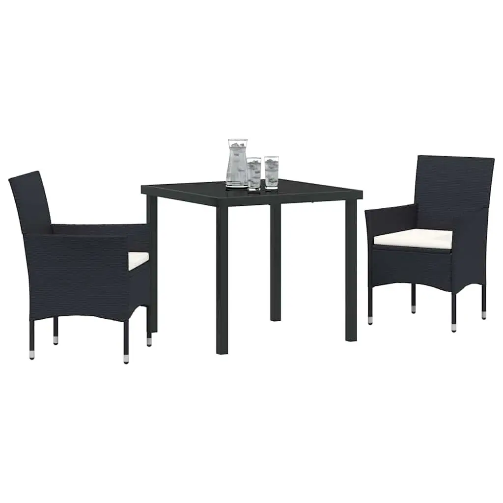 Outdoor Dining Set 3 Piece Cushioned Black Poly Rattan Chairs Table