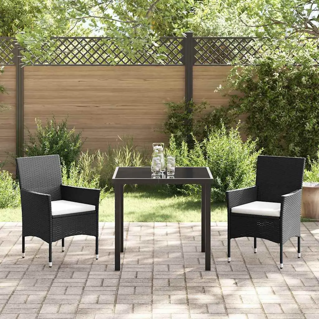 Outdoor Dining Set 3 Piece Cushioned Black Poly Rattan Chairs Table