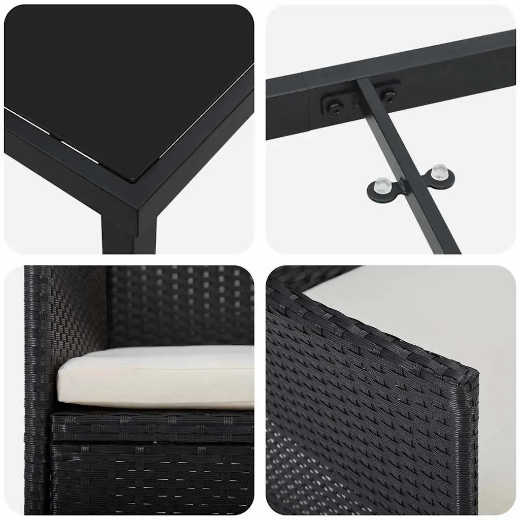 Outdoor Dining Set 3 Piece Cushioned Black Poly Rattan Chairs Table