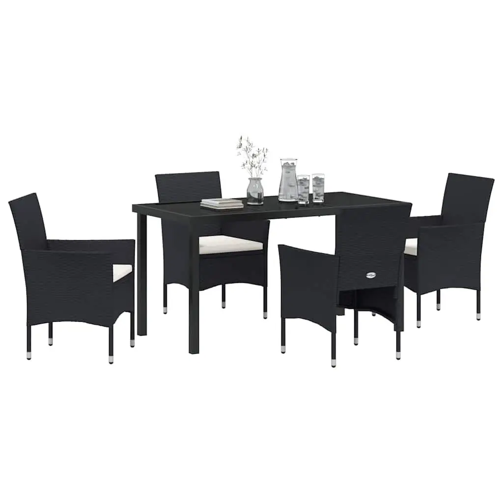 5 Piece Black Garden Furniture Set Outdoor Dining Table with Tempered Glass and Cushions Poly Rattan Chairs for Patio and Balcony