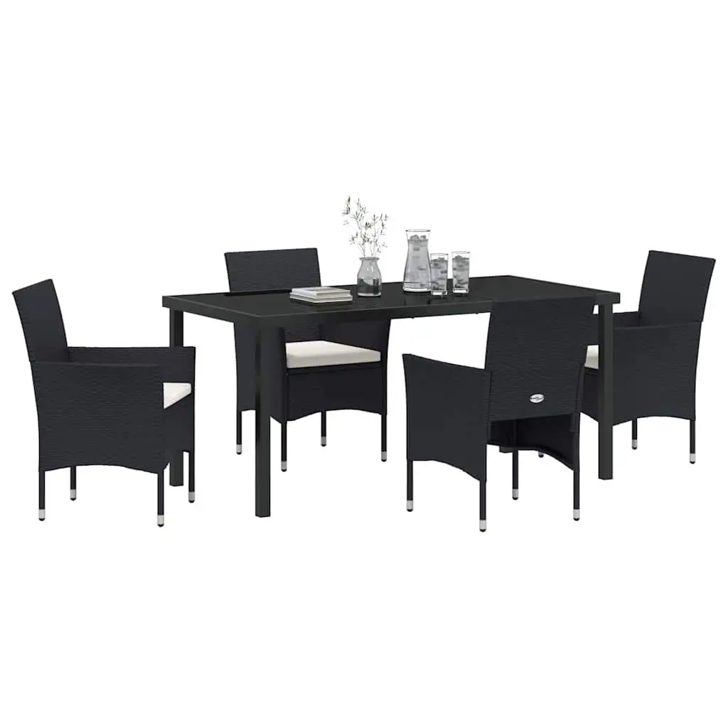 5 Piece Black Dining Set for Outdoor Garden with Table and Cushioned Chairs