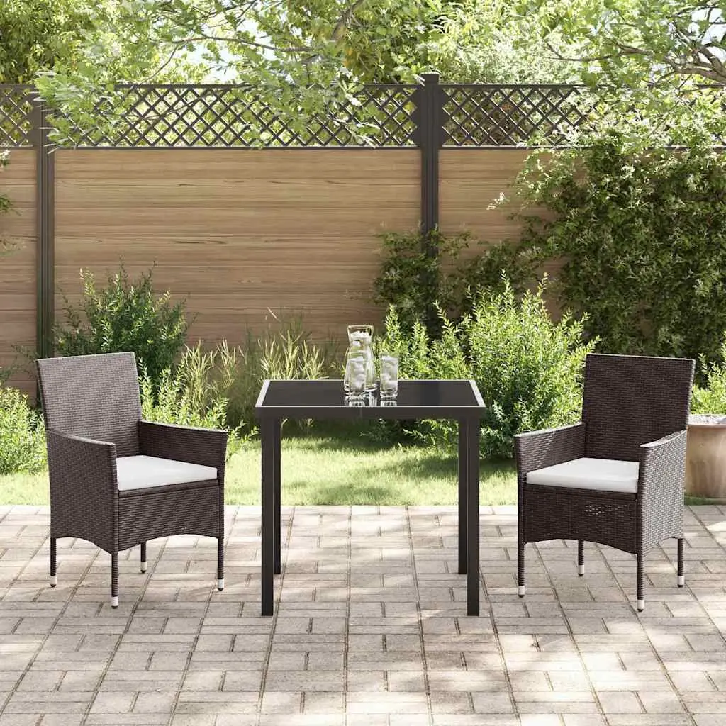Outdoor Furniture Dining Set 3 Piece Brown Poly Rattan Cushioned Chairs Tempered Glass Table