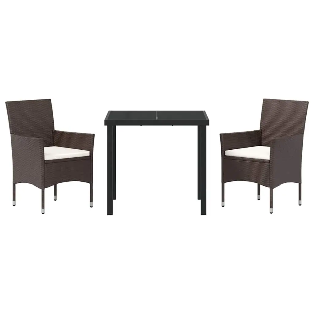 Outdoor Furniture Dining Set 3 Piece Brown Poly Rattan Cushioned Chairs Tempered Glass Table