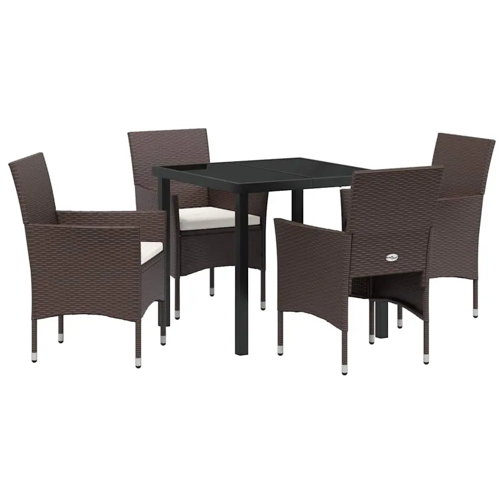 Outdoor Garden Dining Set 5 Pieces Brown Poly Rattan Tempered Glass Table Chairs