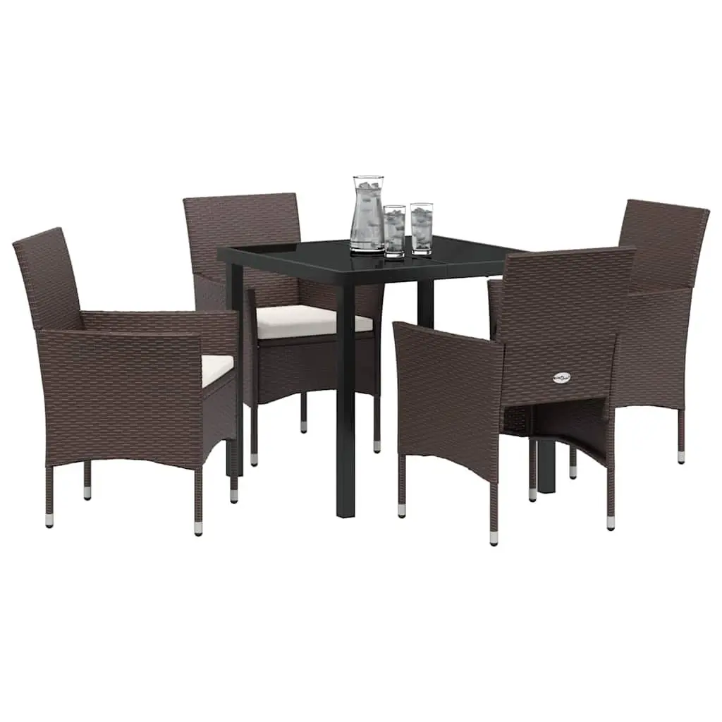 Outdoor Garden Dining Set 5 Pieces Brown Poly Rattan Tempered Glass Table Chairs