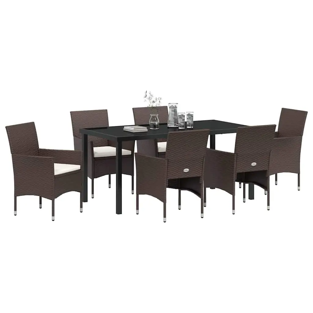 Outdoor Furniture Set 7 Piece Garden Dining Brown Poly Rattan Tempered Glass