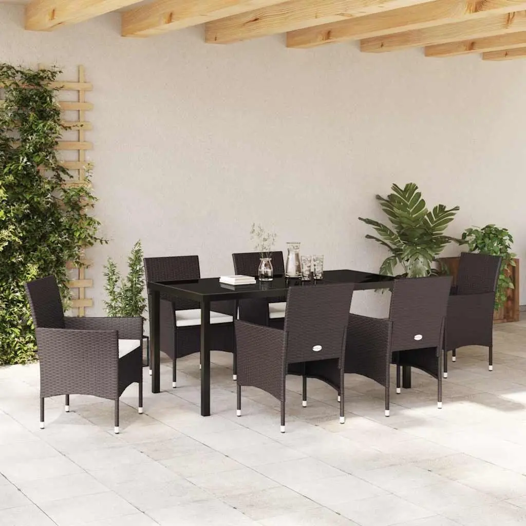 Outdoor Furniture Set 7 Piece Garden Dining Brown Poly Rattan Tempered Glass