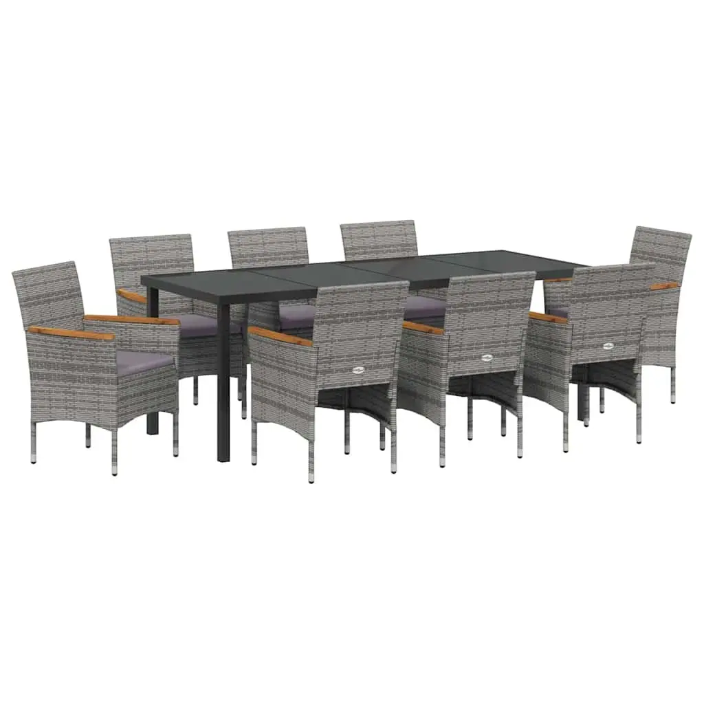 Garden Dining Set 9 Pieces Outdoor Dining Furniture Grey Poly Rattan Glass Top