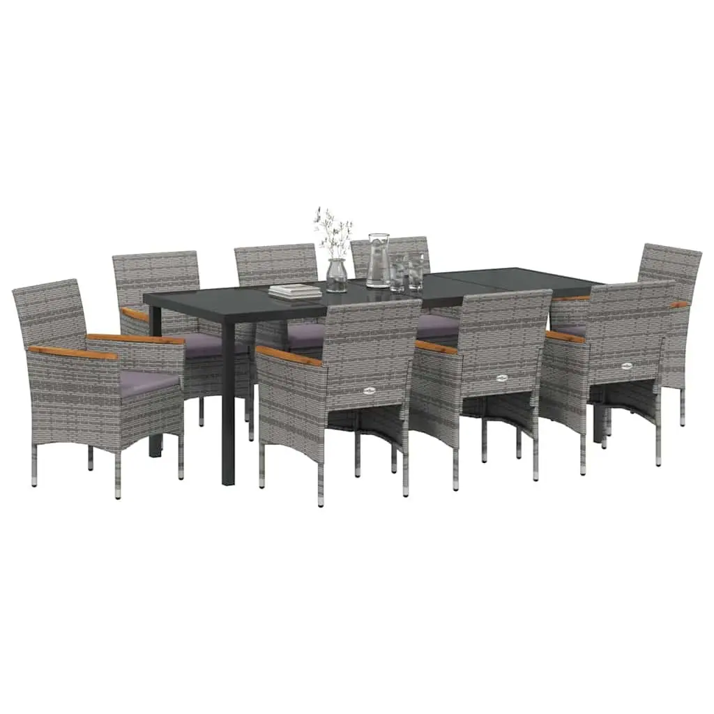 Garden Dining Set 9 Pieces Outdoor Dining Furniture Grey Poly Rattan Glass Top