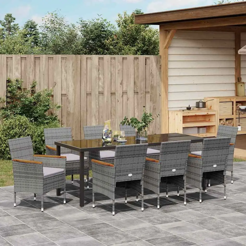Garden Dining Set 9 Pieces Outdoor Dining Furniture Grey Poly Rattan Glass Top