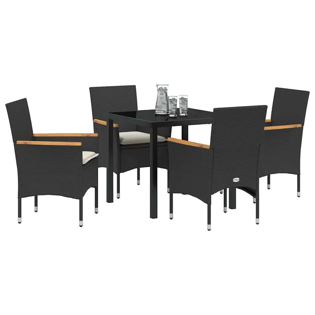 Garden Dining Set 5 Piece Outdoor Furniture Cushioned Seats Black Poly Rattan Glass Table