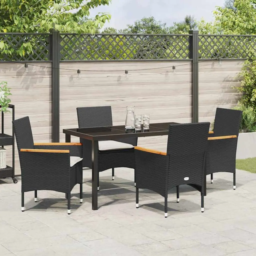 Garden Dining Set 5 Piece Outdoor Furniture Cushioned Seats Black Poly Rattan Glass Table