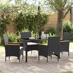 Garden Dining Set 5 pcs Black Poly Rattan with Cushion Tempered Glass Table