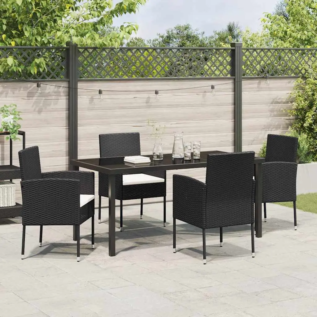 Outdoor Dining Set 5 Piece Garden Furniture Table with Glass Top and Chairs with Cushions Black Poly Rattan