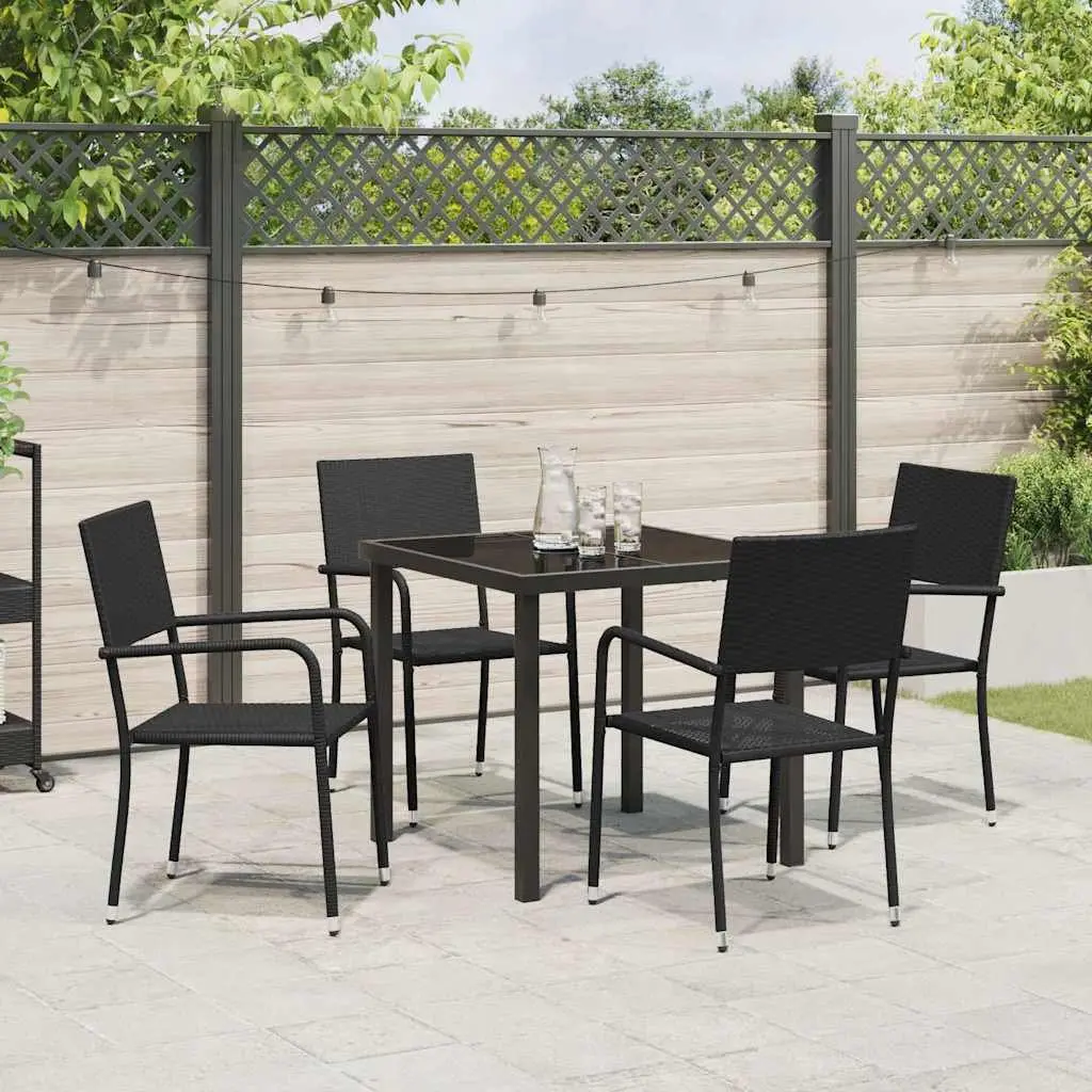5 Piece Black Garden Furniture Set for Outdoor Dining with Cushions and Tempered Glass Top