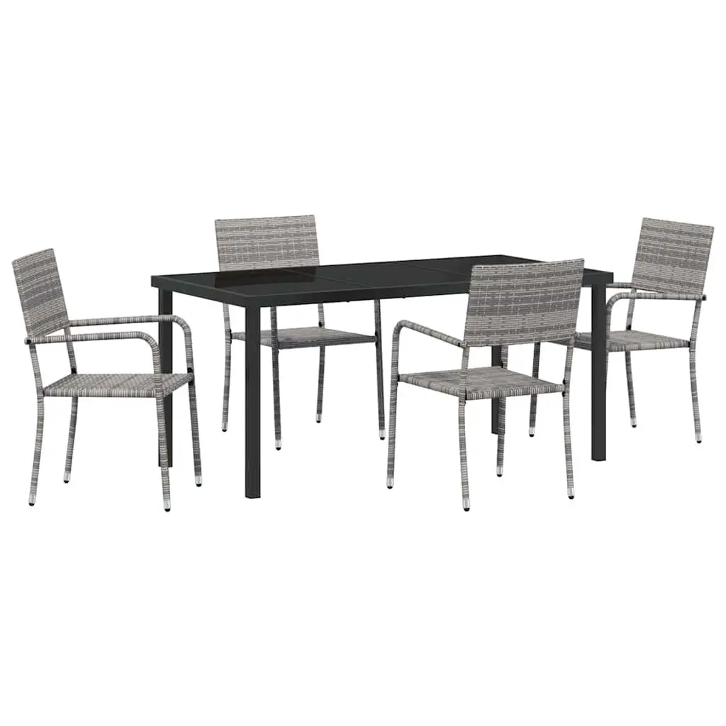 Garden Furniture Set 5 Piece Grey Poly Rattan Dining Outdoor Table Chairs with Tempered Glass Top