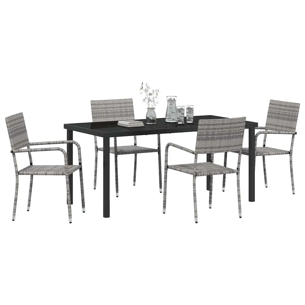 Garden Furniture Set 5 Piece Grey Poly Rattan Dining Outdoor Table Chairs with Tempered Glass Top