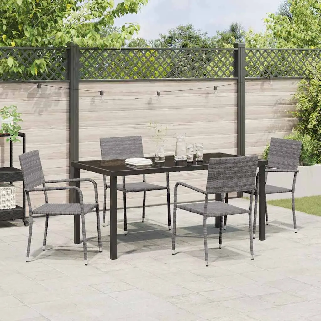 Garden Furniture Set 5 Piece Grey Poly Rattan Dining Outdoor Table Chairs with Tempered Glass Top