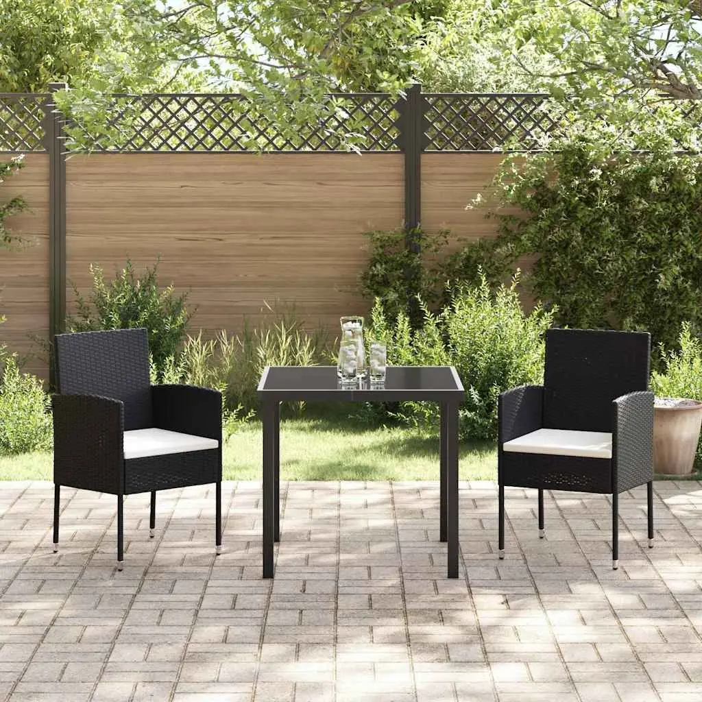 3 Piece Patio Dining Set Black Poly Rattan Outdoor Furniture with Cushions