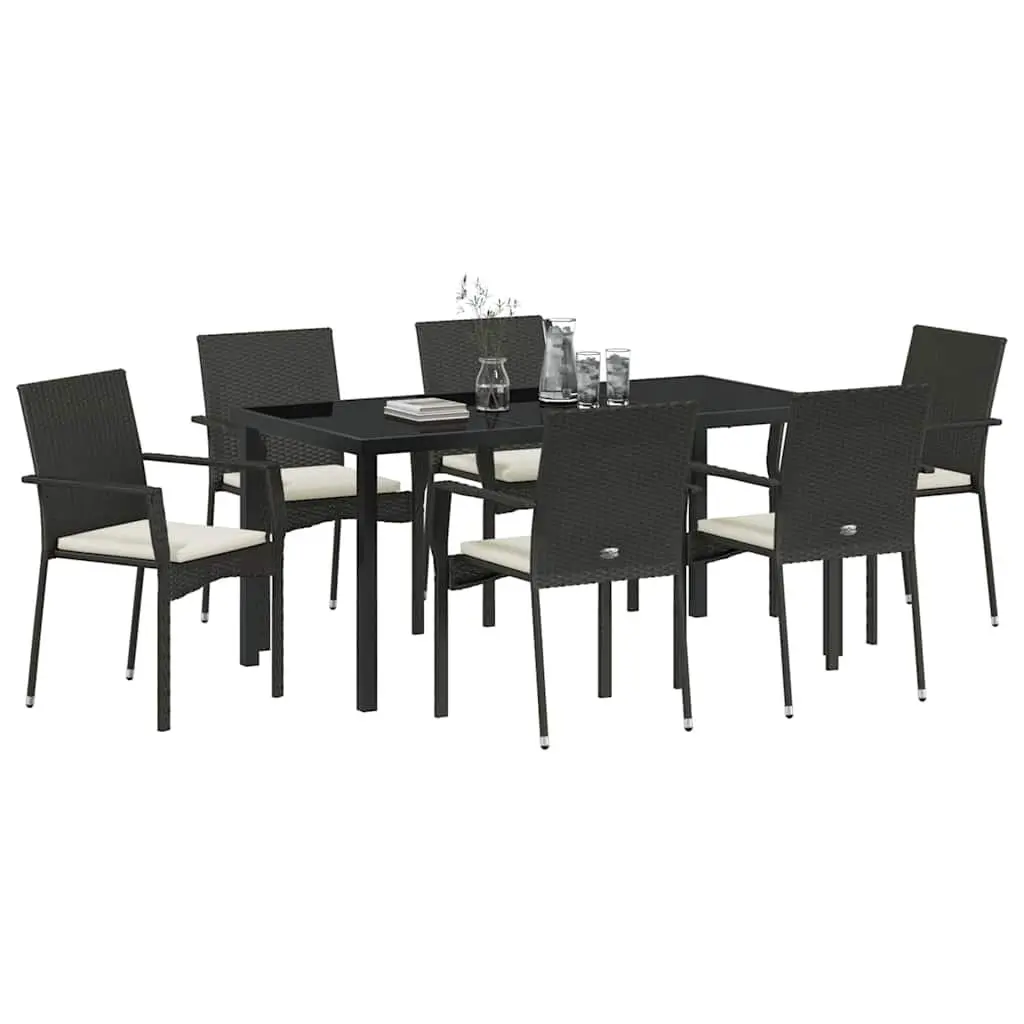 Outdoor Garden Dining Set 7 Pieces Black Poly Rattan Tempered Glass Table Chairs